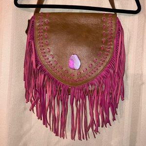 Genuine leather fuchsia suede fringe pink agate slice purse